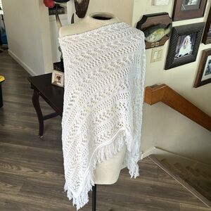 Handmade White Crochet Poncho with Fringe